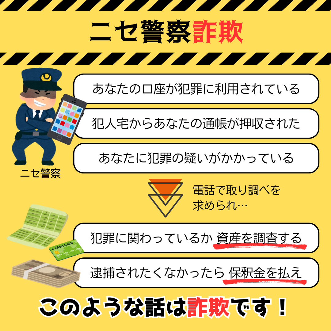 電話で警察官を名乗って「あなたの口座が犯罪に利用されている」「あなたに犯罪の疑いがかかっている」と不安を煽り、「資産を調べる必要がある」「保釈金が必要」などの名目でお金を騙し取る手口です。